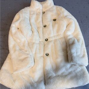 Juicy Couture Kids Cream Faux Fur Pea Coat with Gold Heart Patch